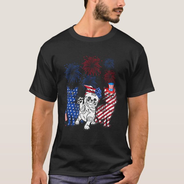 T-shirt Three Cat 4th Of July American Flag Patriotic Cat (Devant)