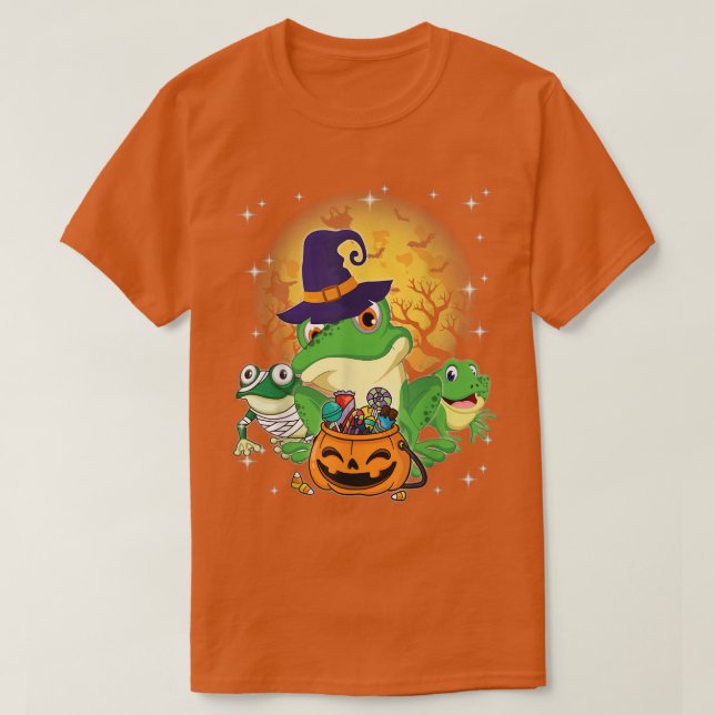 T-shirt Three Frogs Mummy Witch Moon Ghosts Pumpkin Candy  (Design devant)