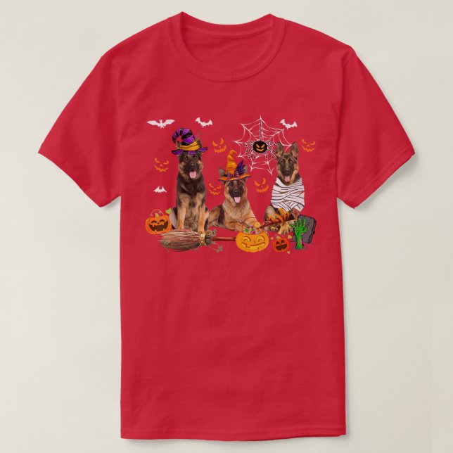 T-shirt Three German Shepherd Dogs Mummy Witch Scary Pumpk (Design devant)