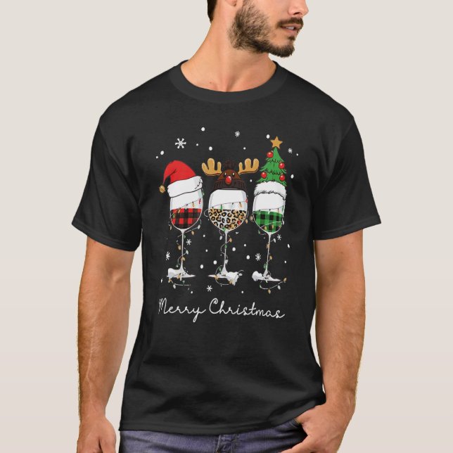 T-shirt Three Glass Wine Santa Hat Merry Christmas Drinkin (Devant)