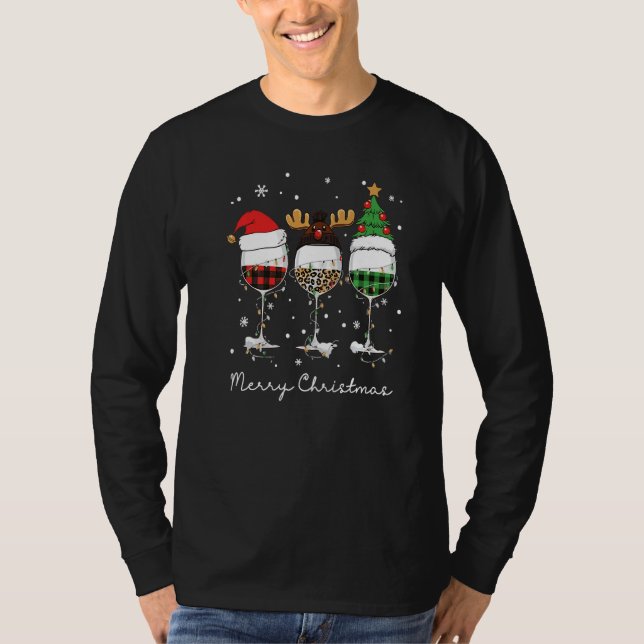 T-shirt Three Glass Wine Santa Hat Merry Christmas Drinkin (Devant)