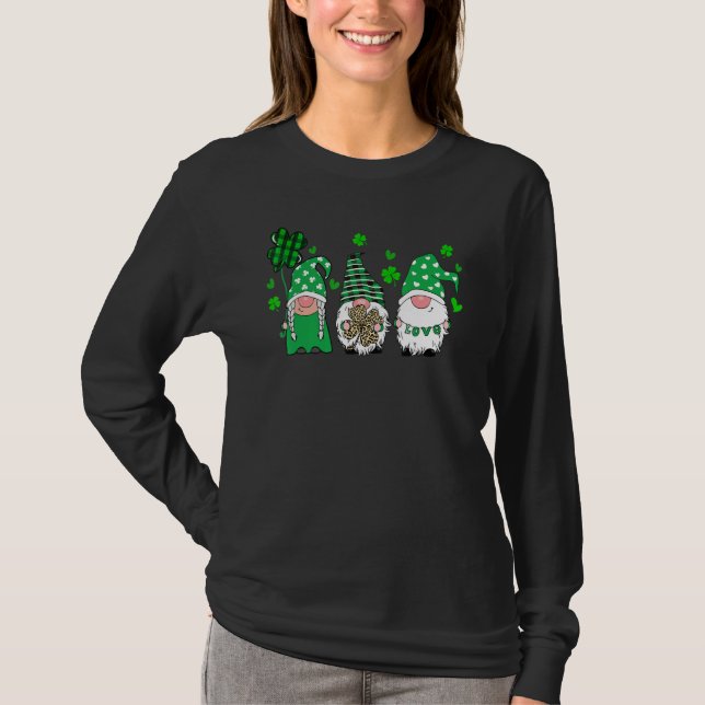 T-shirt Three Gnomes Holding Shamrock Plaid Leopard St Pat (Devant)