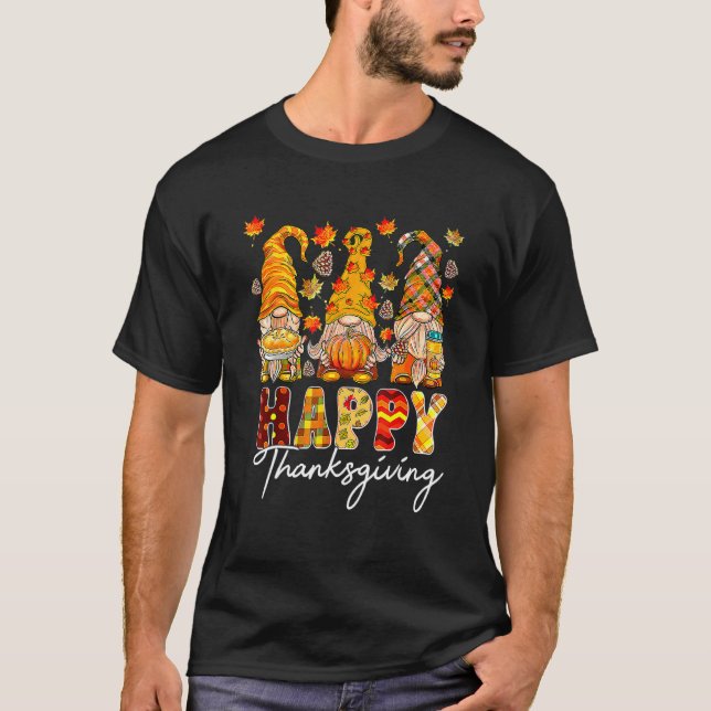 T-shirt Three Gnomes Pumpkin Fall Season Autumn Happy Than (Devant)