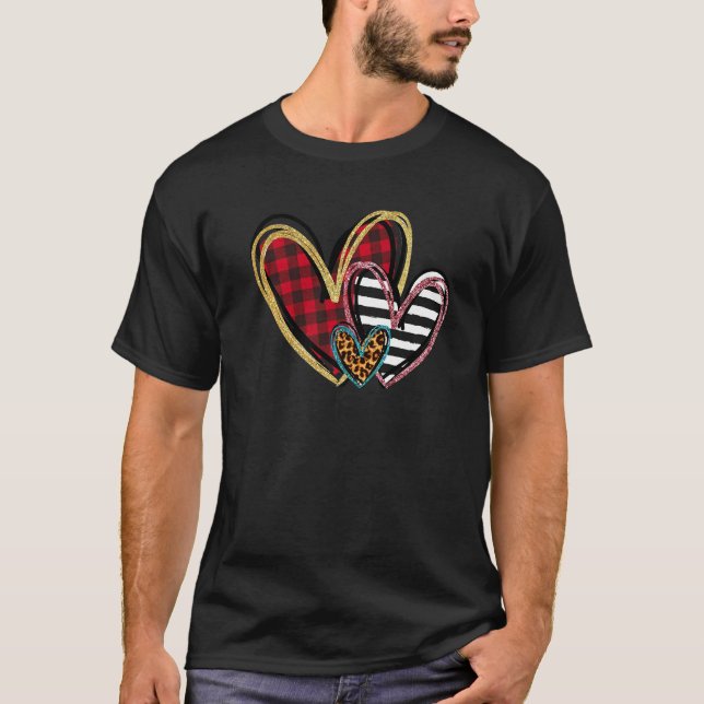 T-shirt Three Hearts Leopard Buffalo Plaid Valentine's day (Devant)