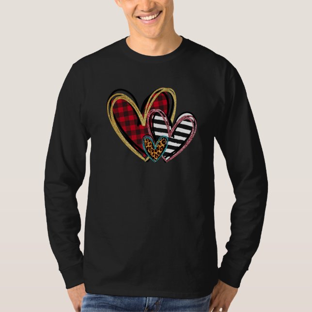 T-shirt Three Hearts Leopard Buffalo Plaid Valentine's day (Devant)