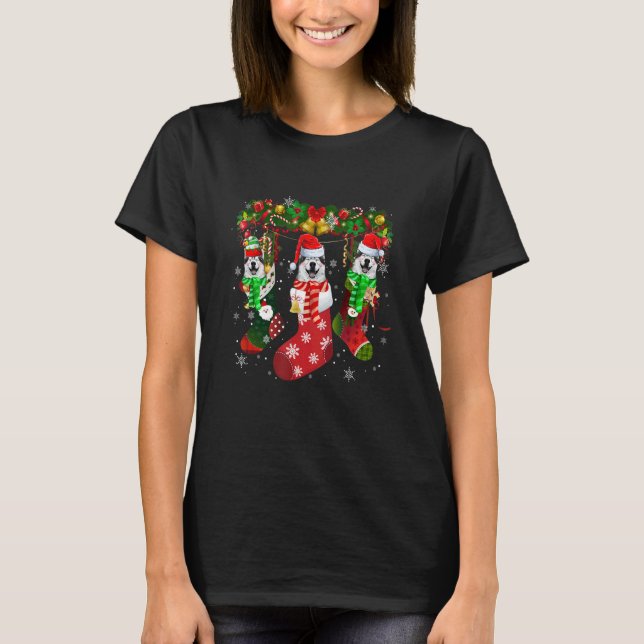 T-shirt Three Husky In Socks Christmas Santa Hat (Devant)