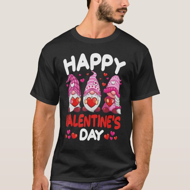 T-shirt Three Pink Gnomes Holding Heart Happy Valentine's  (Devant)