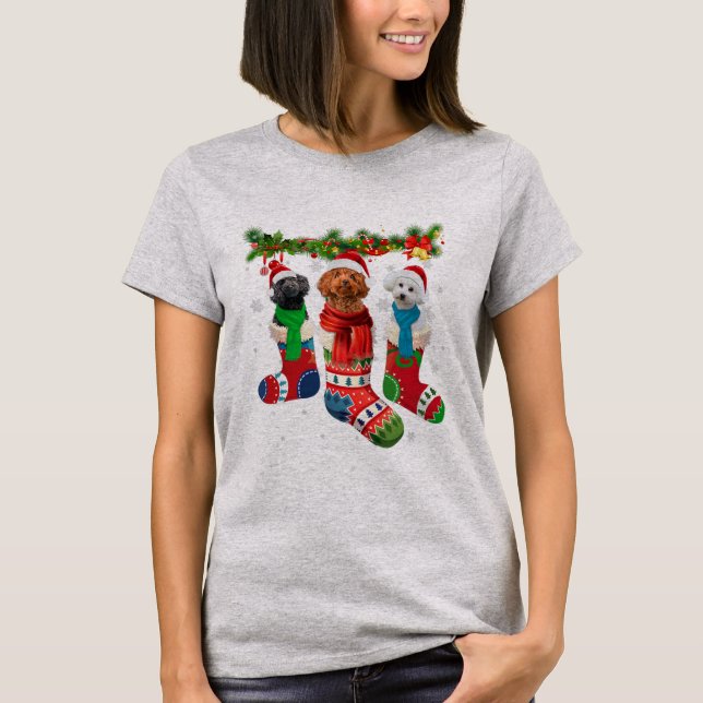 T-shirt Three Poodles In Christmas Socks  (Devant)