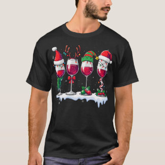 T-shirt Three Santa Elf Reindeer Wine Glasses Christmas Dr