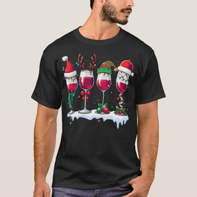 T-shirt Three Santa Elf Reindeer Wine Glasses Christmas Dr (Devant)