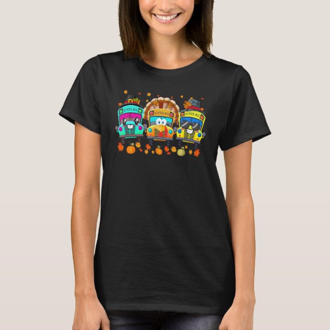T-shirt Three School Buses Pilgrim Turkey Fall Vibes Thank (Devant)