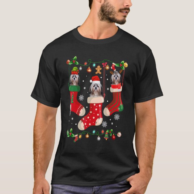 T-shirt Three Shih Tzu In Sock Christmas Santa X mas Dog (Devant)