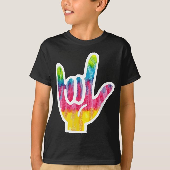 T-shirt Tie Dye ASL Signal Langue Main Symbole Cadeau I Lo (Devant)