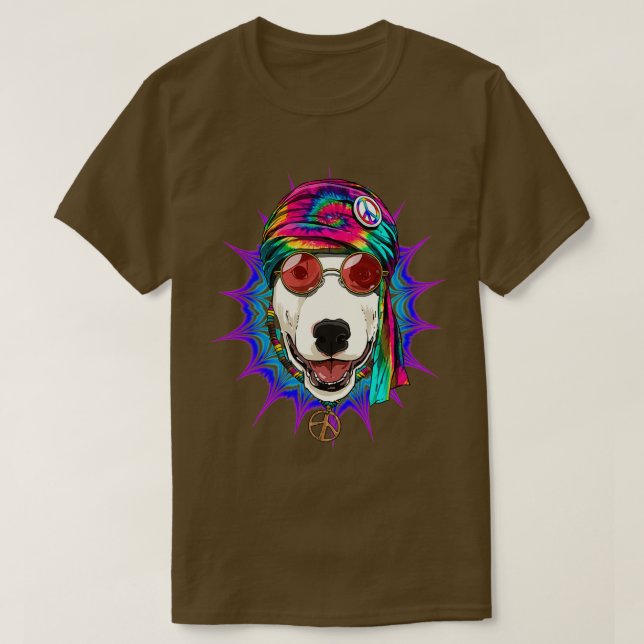 T-shirt Tie Dye Hippie Bull Terrier Hippiness Peace Love D (Design devant)