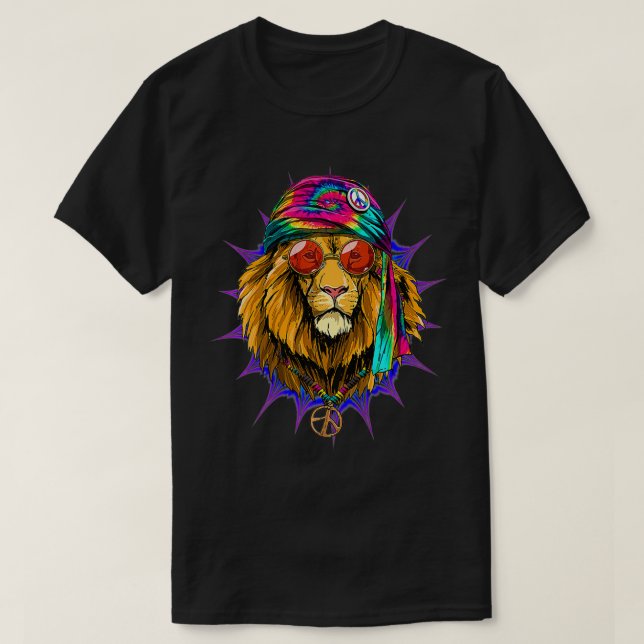 T-shirt Tie Dye Hippie Lion Hippiness Peace Love Lion Prem (Design devant)