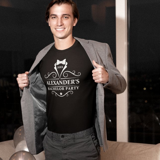 T-shirt Tie smoking noir pour enterrement de vie de garçon (Customize to change text size. Choose from a variety of shirt colors and styles.)