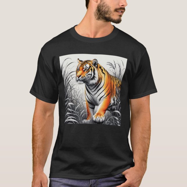 T-shirt Tiger Art Color Partiel noir blanc dessin (Devant)