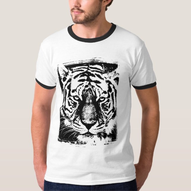 T-shirt Tiger Face Mens Moderne Basique Ringer Noir Blanc (Devant)