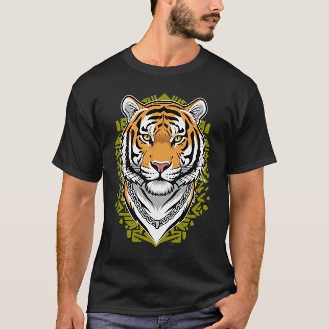 T-shirt Tiger Face Minimalist Tribal Olive Green Streetwea (Devant)