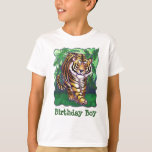 T-shirt Tiger Party Centre Birthday Boy<br><div class="desc">Animal Parade Cute Tiger Personnalisé Birthday Boy T-Shirts sont pour le côté amusant de vous avec notre art original d'un tigre lunaire debout dans une jungle verte ombragée avec un ciel texturé jaune et vert une bordure ondulée vert foncé et ludique. Vous verrez le mignon tigre du Bengale venir et...</div>