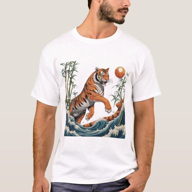 T-shirt Tiger Wave Art - Ukiyo-e Bamboo Sunset Design (Devant)