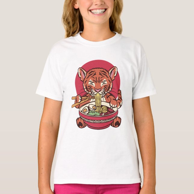 T-shirt Tigre adorable mangeant du Ramen (Devant)