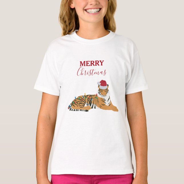 T-shirt Tigre de Noël Animaux amusants avec chapeau de Pèr (Devant)