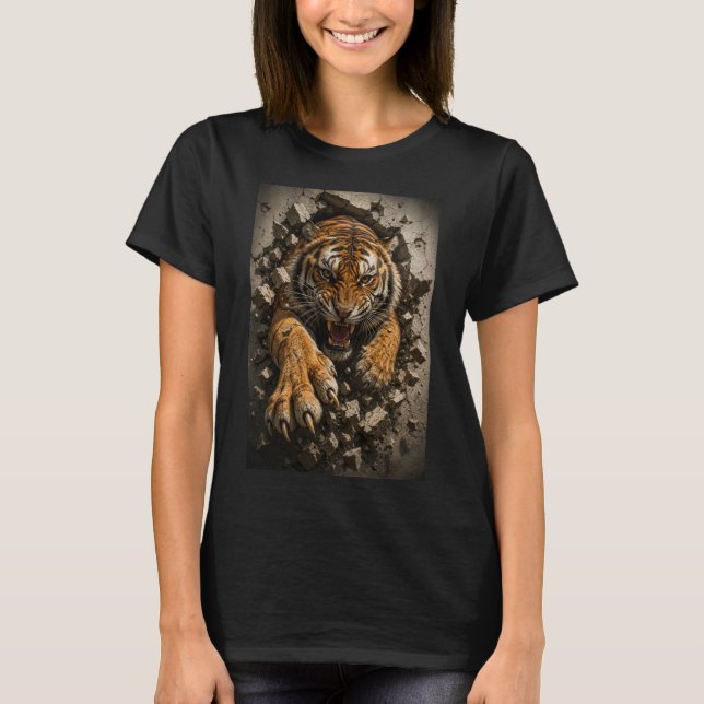 T-shirt Tigre féroce perçant un mur (Devant)