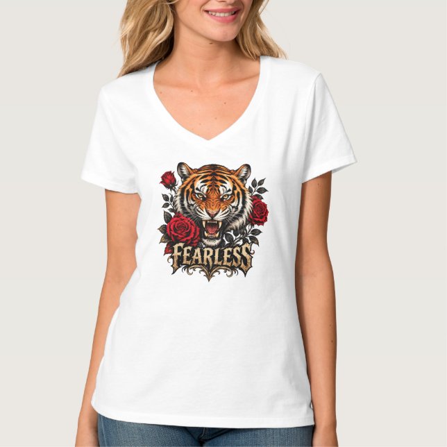 T-shirt tigre intrépide et roses (Devant)