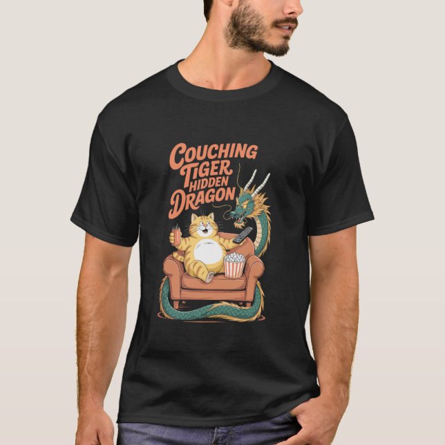 T-shirt Tigre tapi Dragon caché Humour Chat Popcorn (Devant)