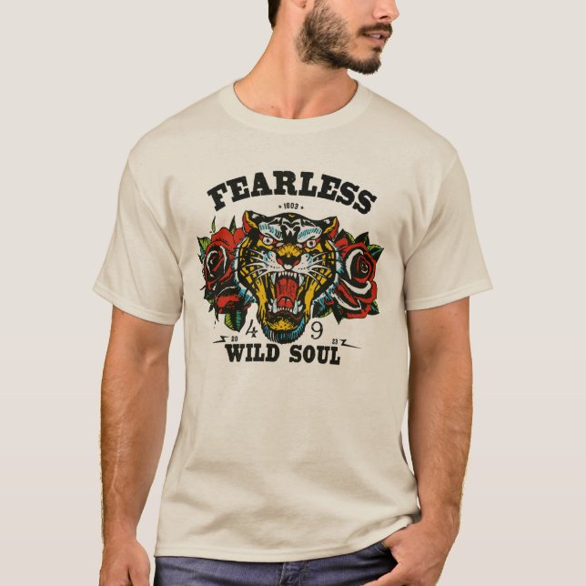 T-shirt Tigre tattoo old school fleur fearless wild soul (Devant)