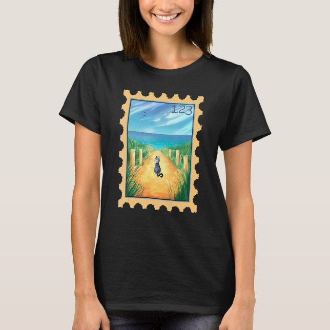 T-shirt Timbre avec chat sur chemin de la plage (Devant)