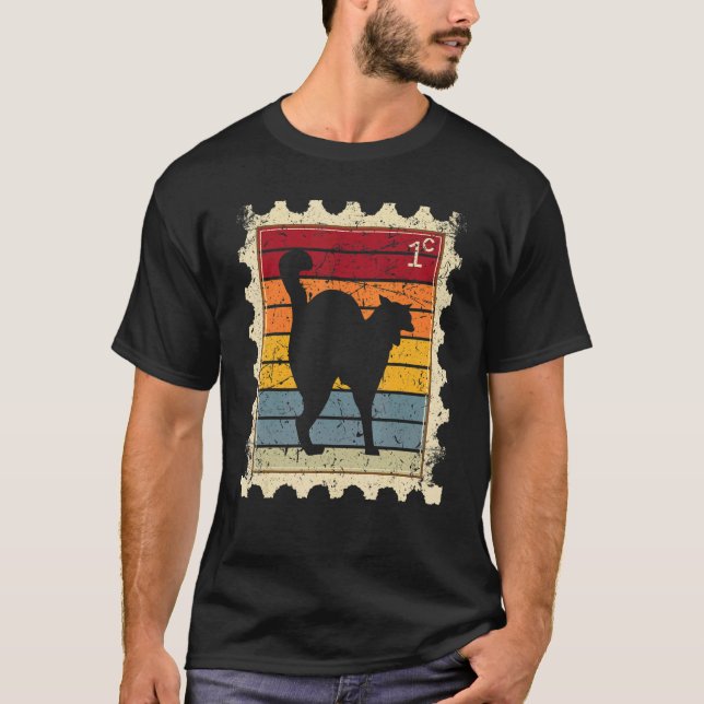 T-shirt Timbre-poste avec un chat de coucher de soleil (Devant)