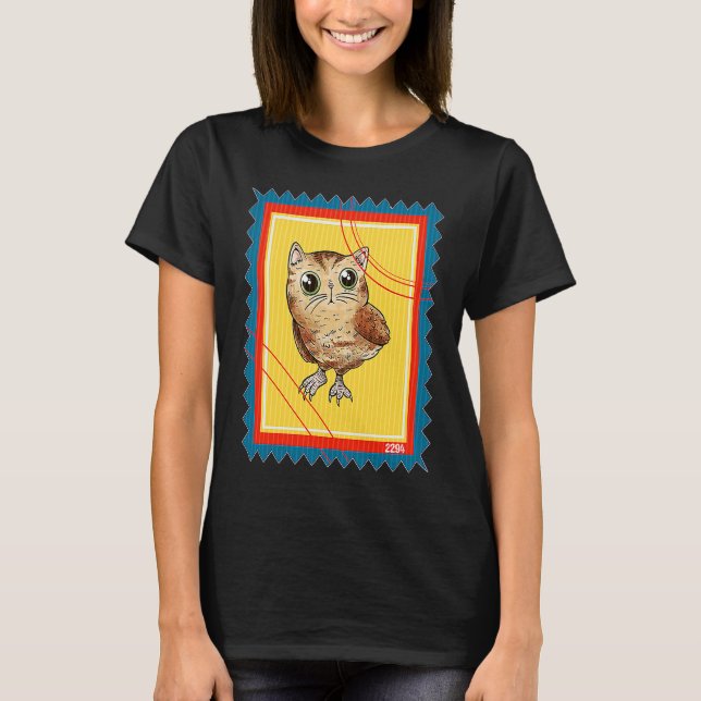 T-shirt Timbre Surréaliste Chat Hibou (Devant)