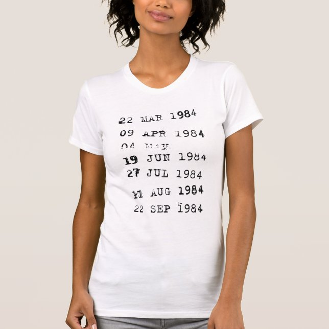 T-shirt Timbres de bibliothèque Date d'échéance 1984 (Devant)