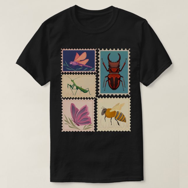 T-shirt Timbres Postaux Vintage d'Insectes (Design devant)