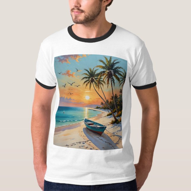 T-shirt Tiré de peinture de plage Tropical Sunset (Devant)