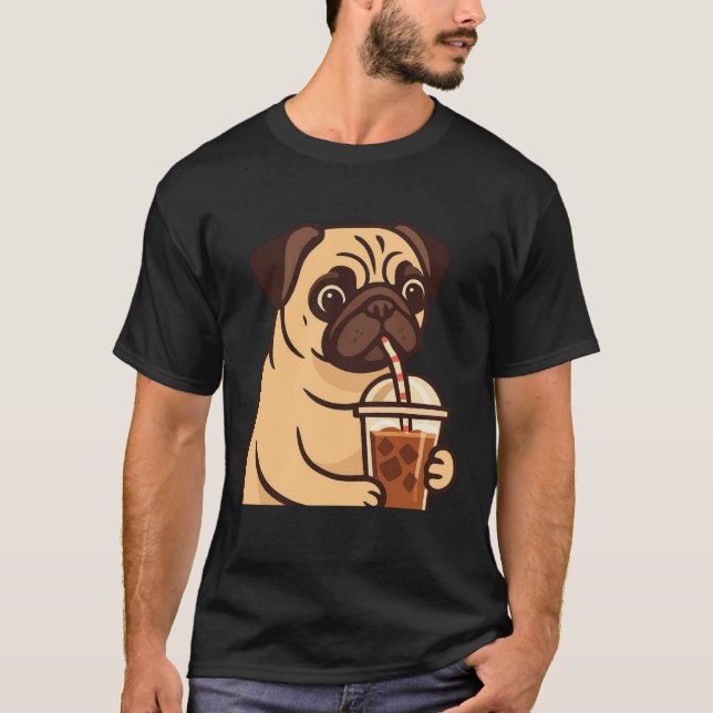 T-shirt Tirelire Buvant du Café Glacé Chien Mignon Amusing (Devant)