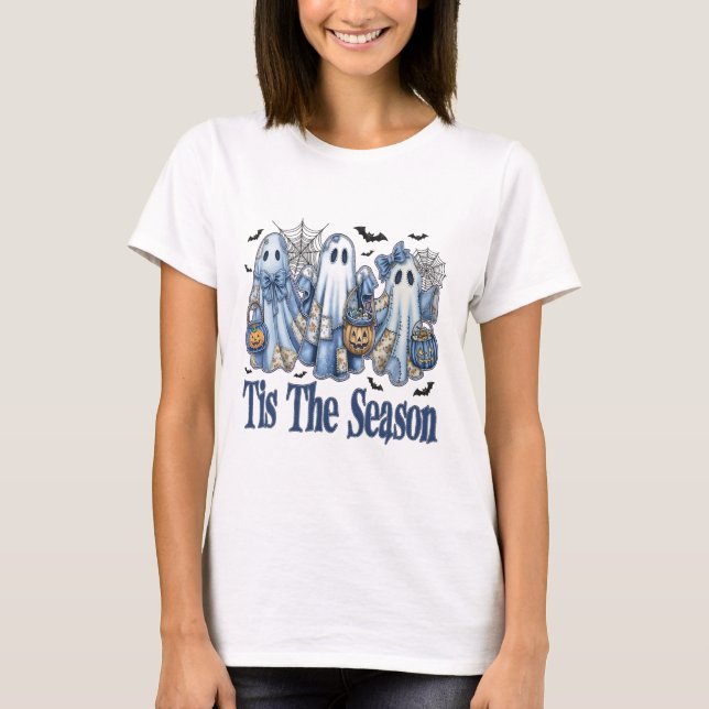 T-shirt Tis Season Blue Patchwork Ghost Citrouille Éffraya (Devant)