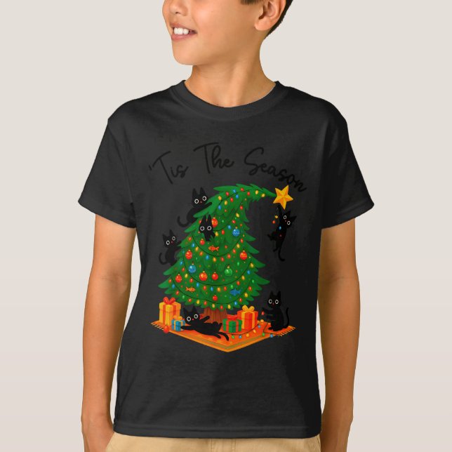 T-shirt Tis The Season Christmas Tree Cute Black Cat Match (Devant)