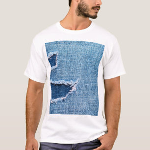 T-shirt Tissu en denim déchiré, teintes bleues.