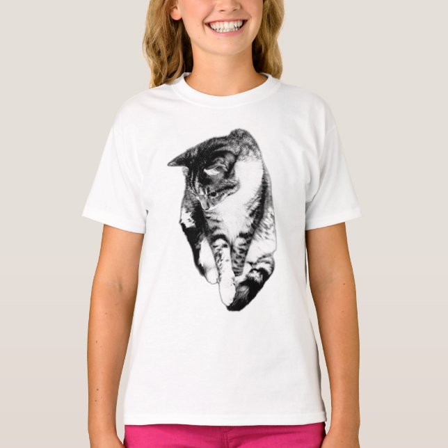 T-shirt Titre : Regard vers le bas Tabby Chat Monochrome T (Devant)