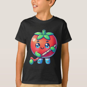 T-shirt Tomate Mignon Jouant au Hockey sur Gazon Dessin An