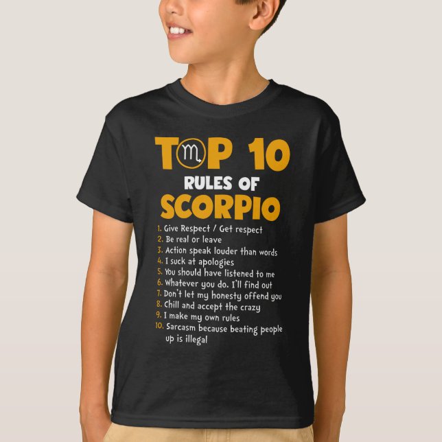 T-shirt Top 10 des règles de Scorpio Cadeaux d'anniversair (Devant)