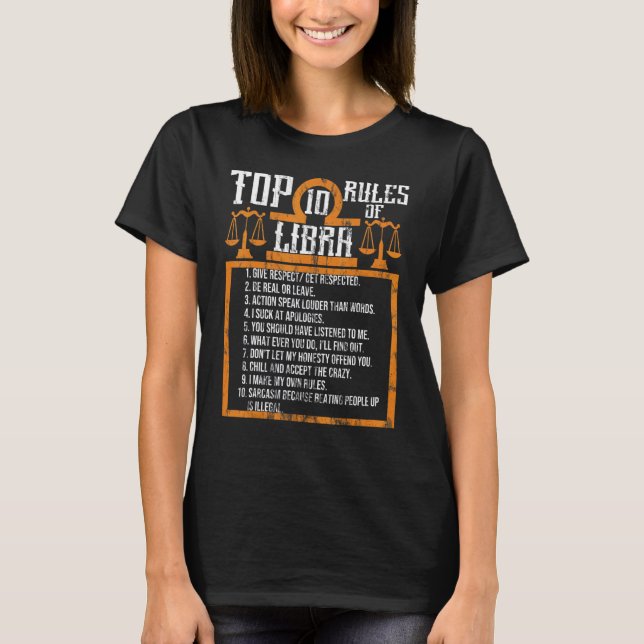 T-shirt Top 10 des règles Libra Horoscope Anniversaire (Devant)