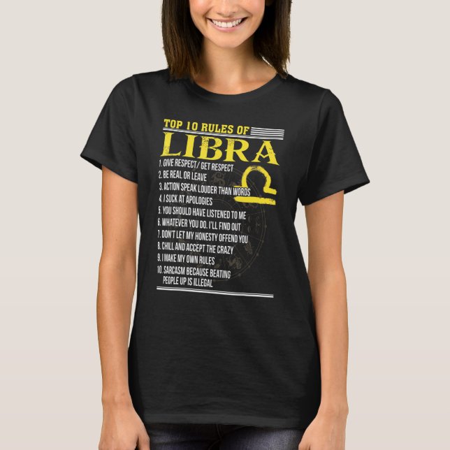 T-shirt Top 10 Rules Of Libra 23 sept - 23 oct Queen King (Devant)