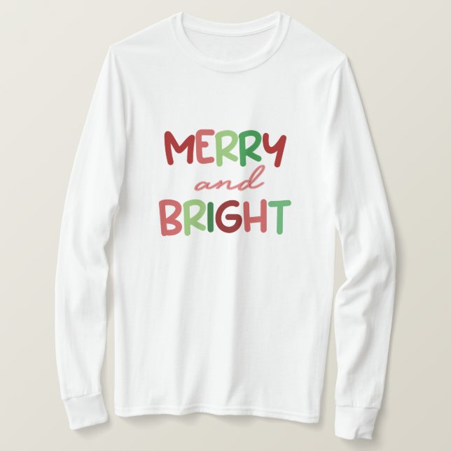 T-shirt Top à manches longues de Noël - Joyeux et lumineux (Design devant)