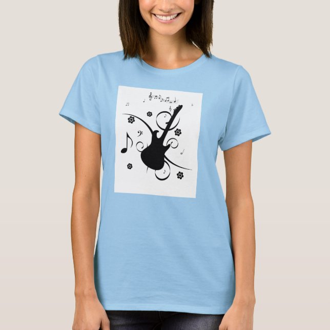 T-shirt Top White Guitar and Music Notes (Devant)