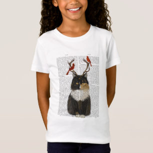 T-Shirt Tortoiseshell Cat with Antlers and Red Birds