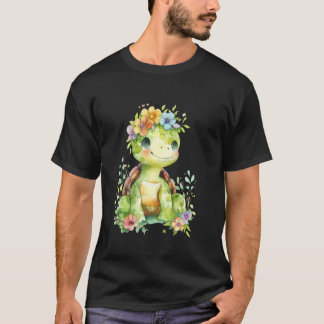 T-shirt tortue avec des fleurs mignonnes tortues bouclées 